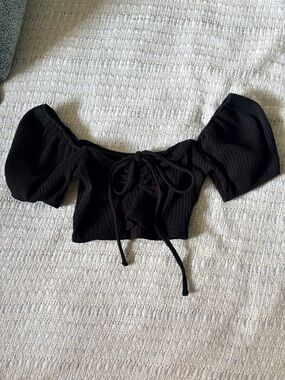 Zara Black Ribbed Puff Sleeve Tie-Front Crop Top